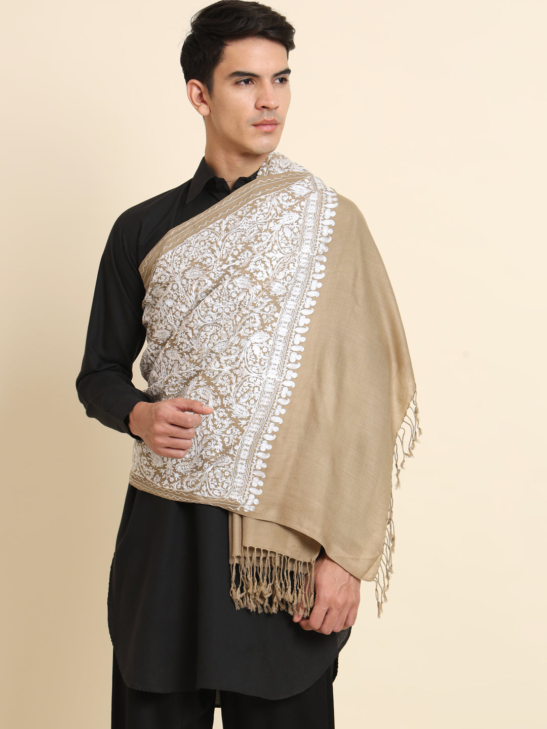 Woollen Pashmina Feel Royal Stole in Silk Embroidery Dense Jaal for Men | Brown-White