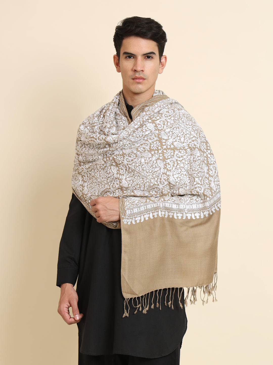 Woollen Pashmina Feel Royal Stole in Silk Embroidery Dense Jaal for Men | Brown-White