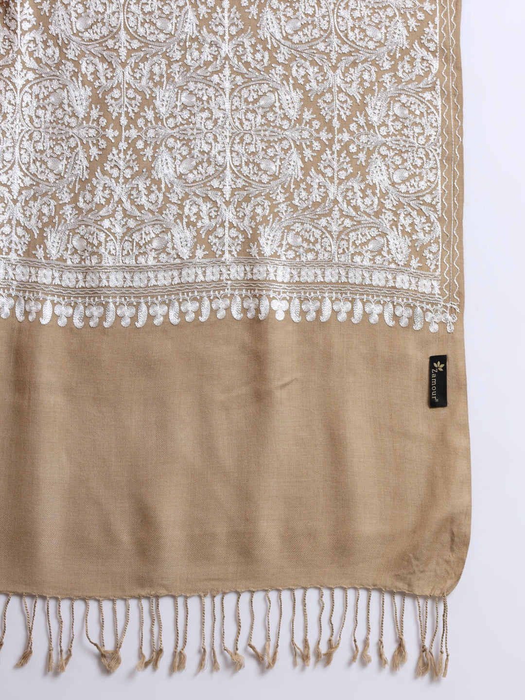 Woollen Pashmina Feel Royal Stole in Silk Embroidery Dense Jaal for Men | Brown-White