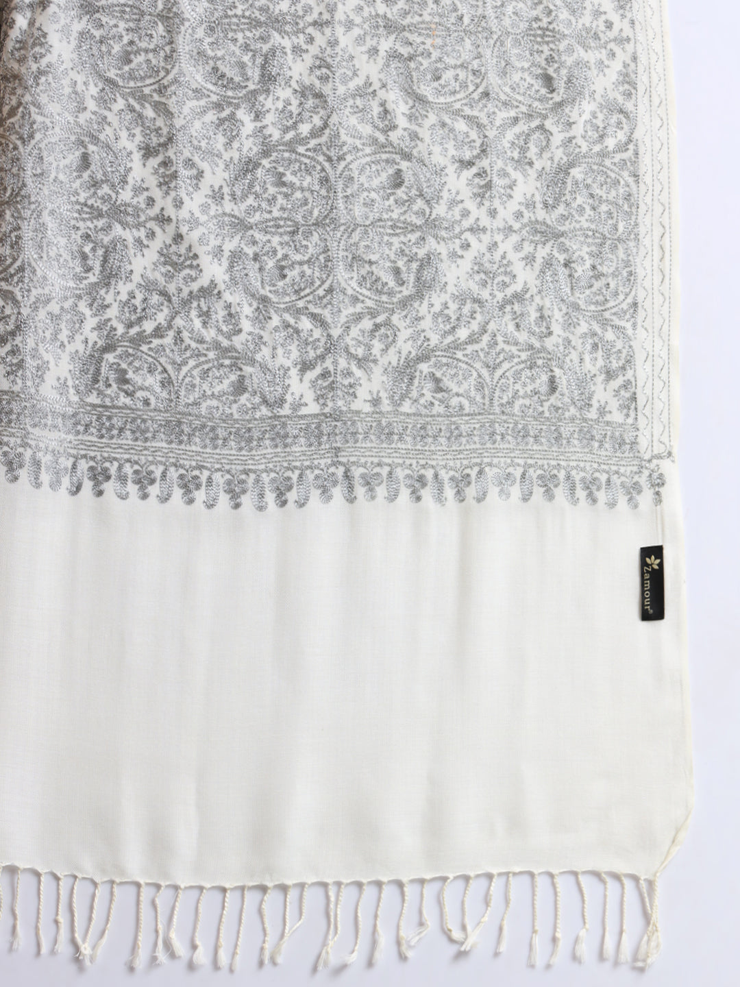 Woollen Pashmina Feel Royal Stole in Silk Embroidery Dense Jaal for Men | White-Grey