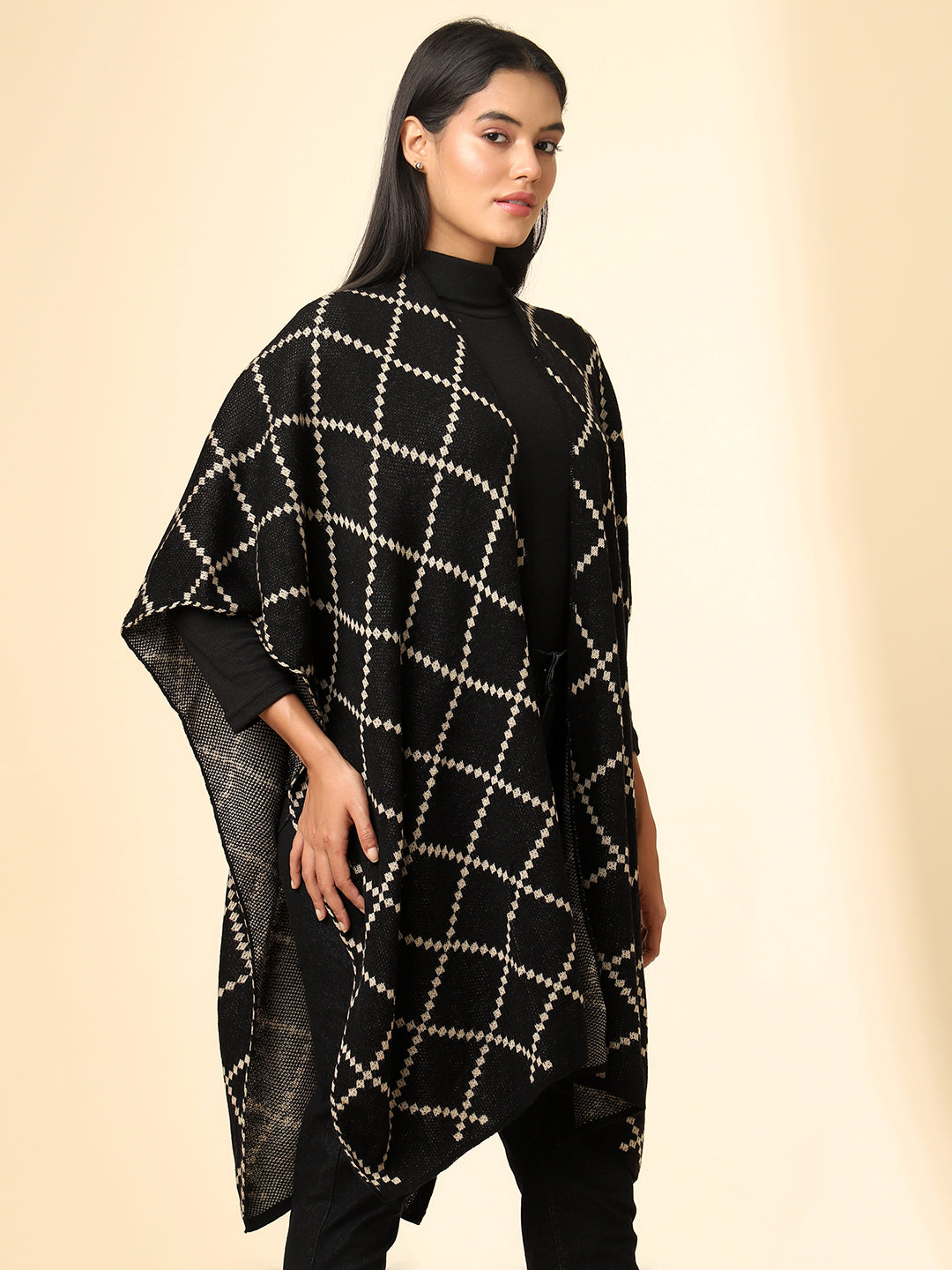 Open Front Checkered Knitted Shrug | Black