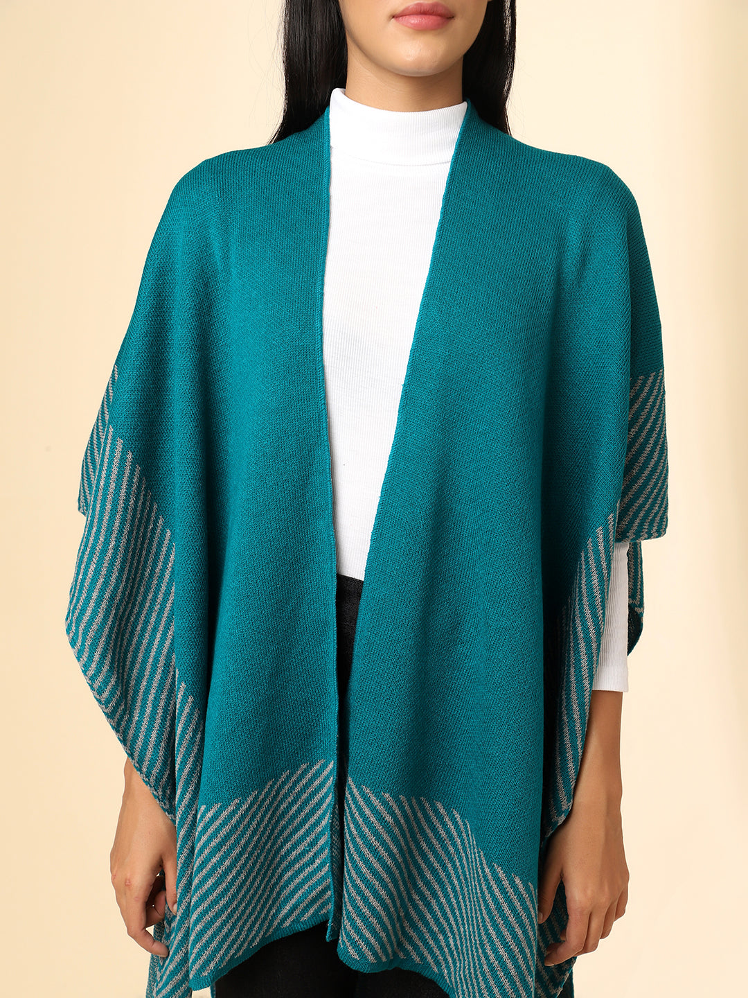 Open Front Striped Knitted Shrug | Teal