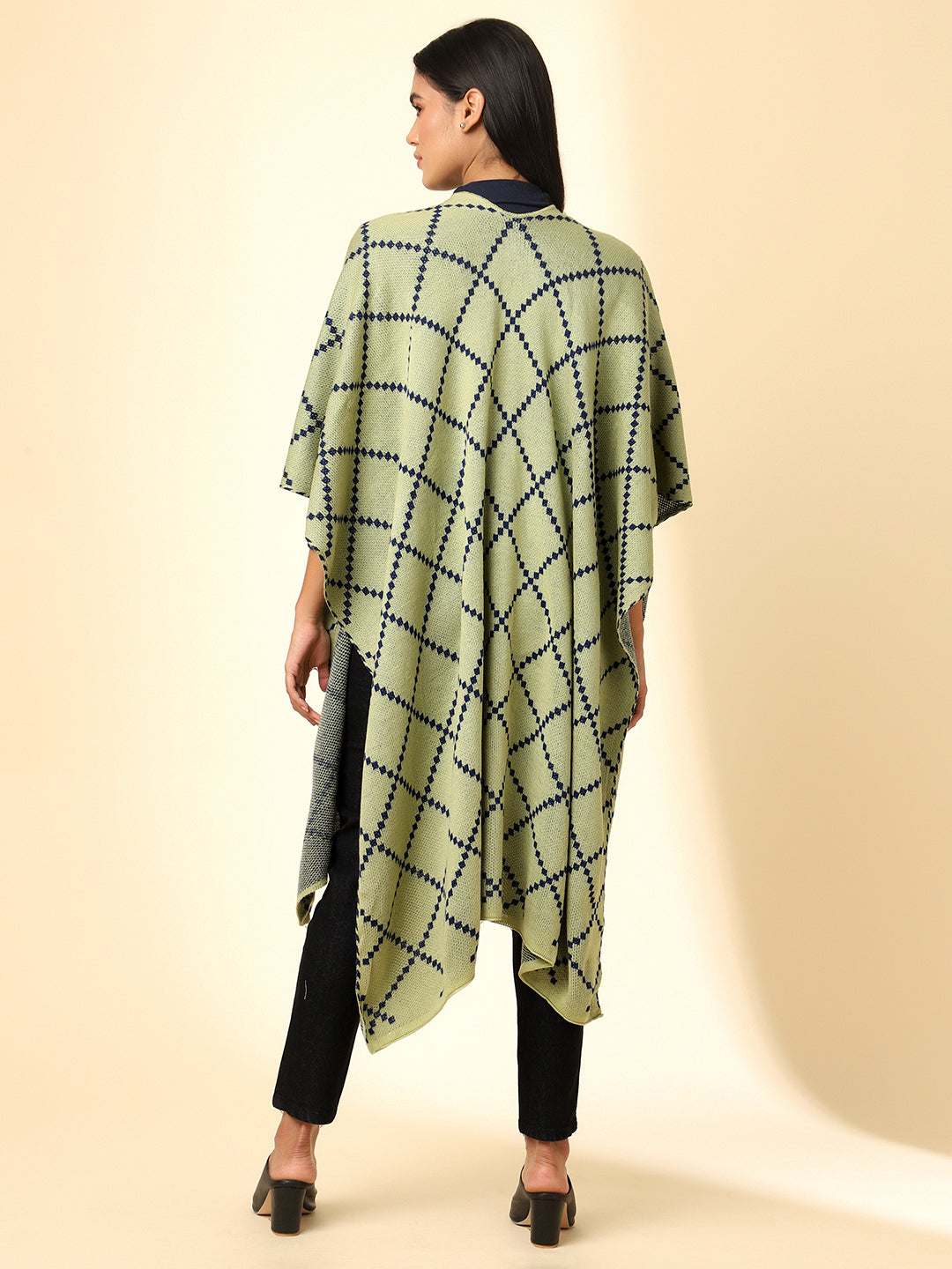Open Front Checkered Knitted Shrug | Green