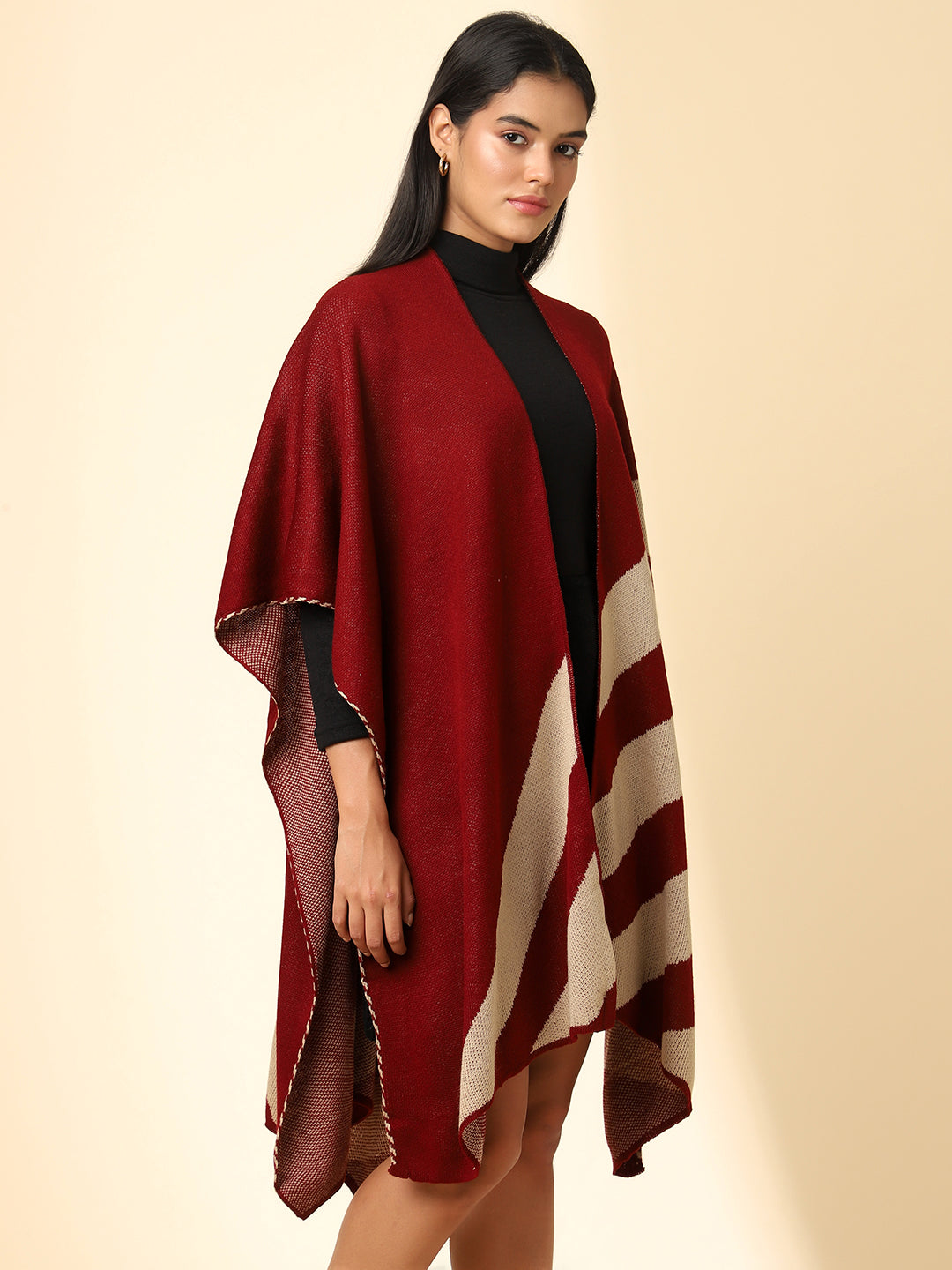Open Front Striped Knitted Shrug | Maroon