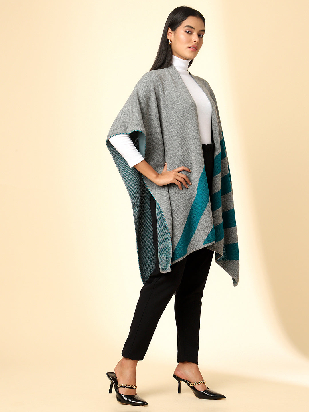 Open Front Striped Knitted Shrug | Grey
