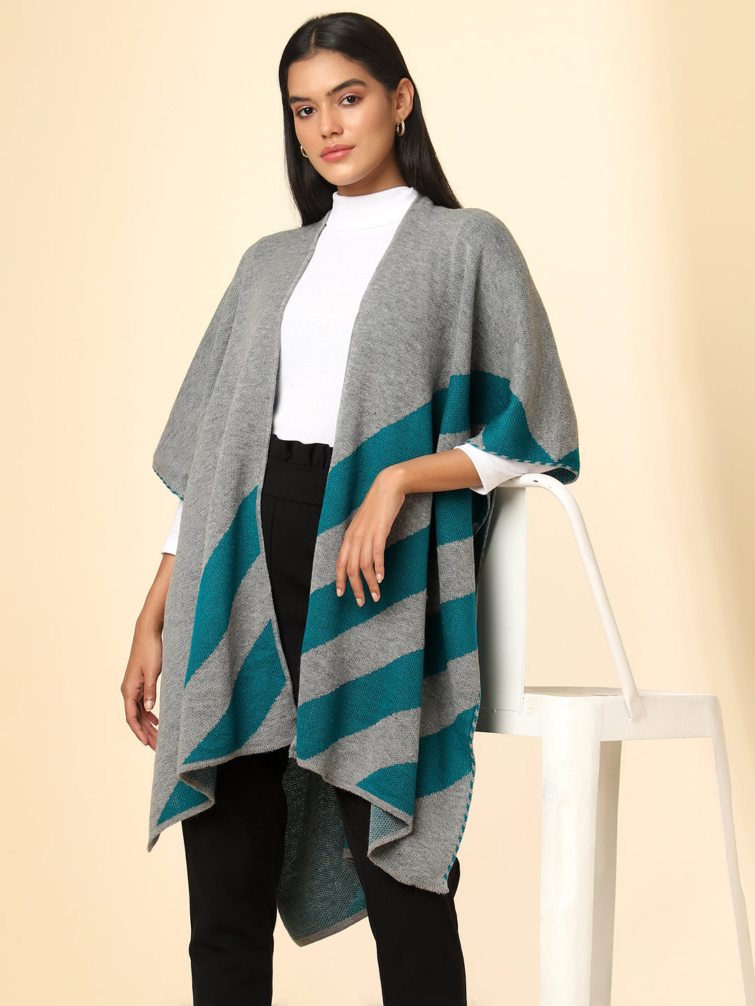 Open Front Striped Knitted Shrug | Grey