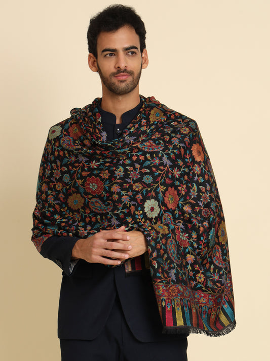 Kani Weave Woven Shawl for Men in Floral Patterns | Black