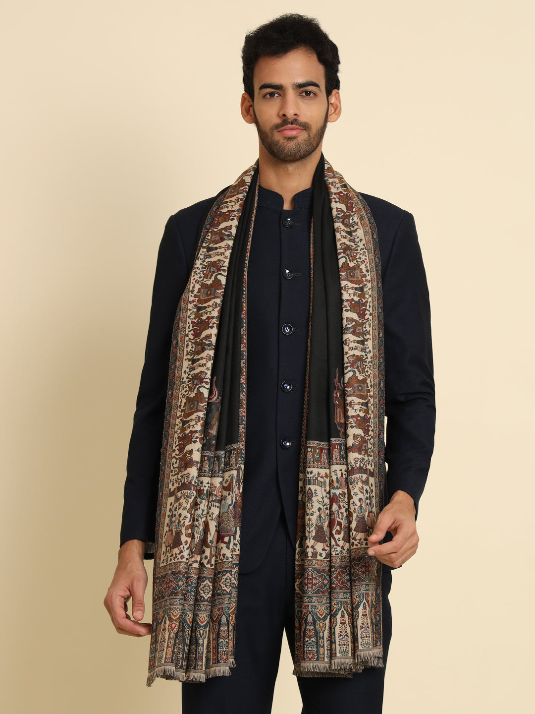 Kani Weave Woven Shawl for Men in Royal Mughal Patterns | Black