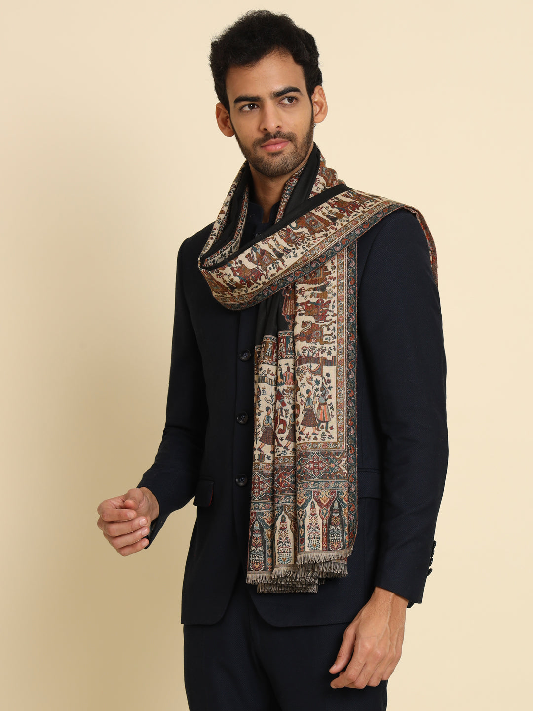 Kani Weave Woven Shawl for Men in Royal Mughal Patterns | Black