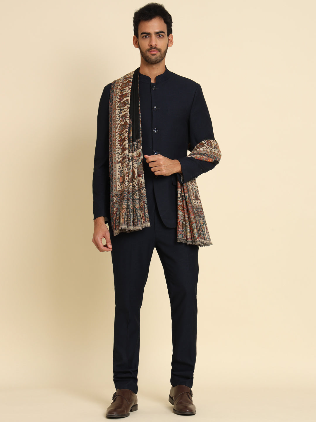 Kani Weave Woven Shawl for Men in Royal Mughal Patterns | Black