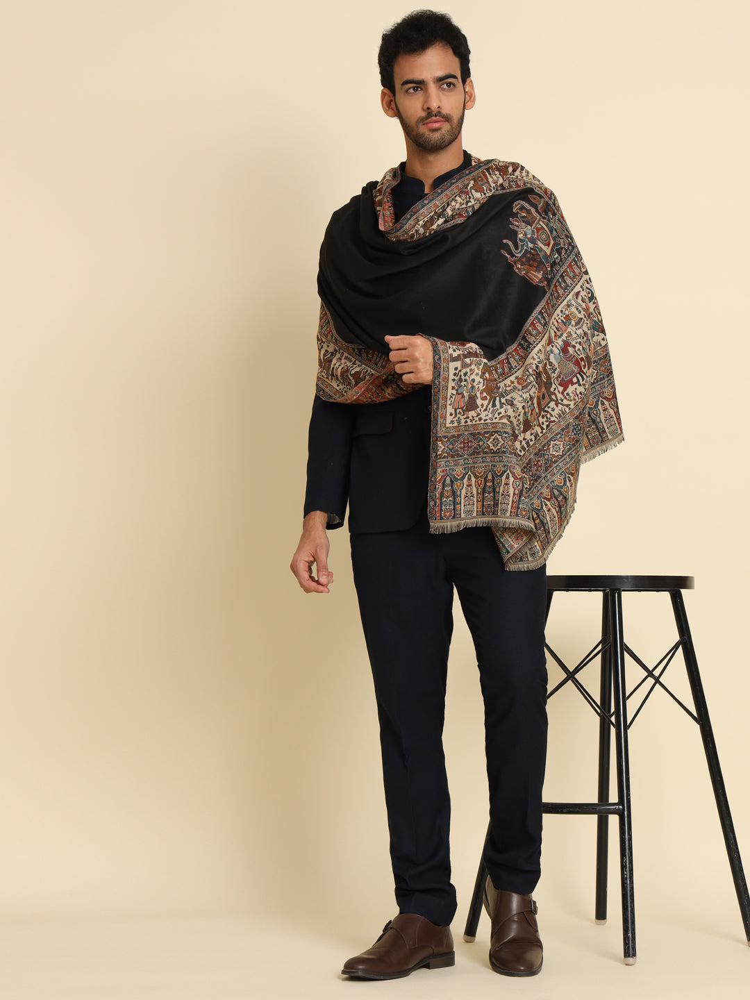 Kani Weave Woven Shawl for Men in Royal Mughal Patterns | Black