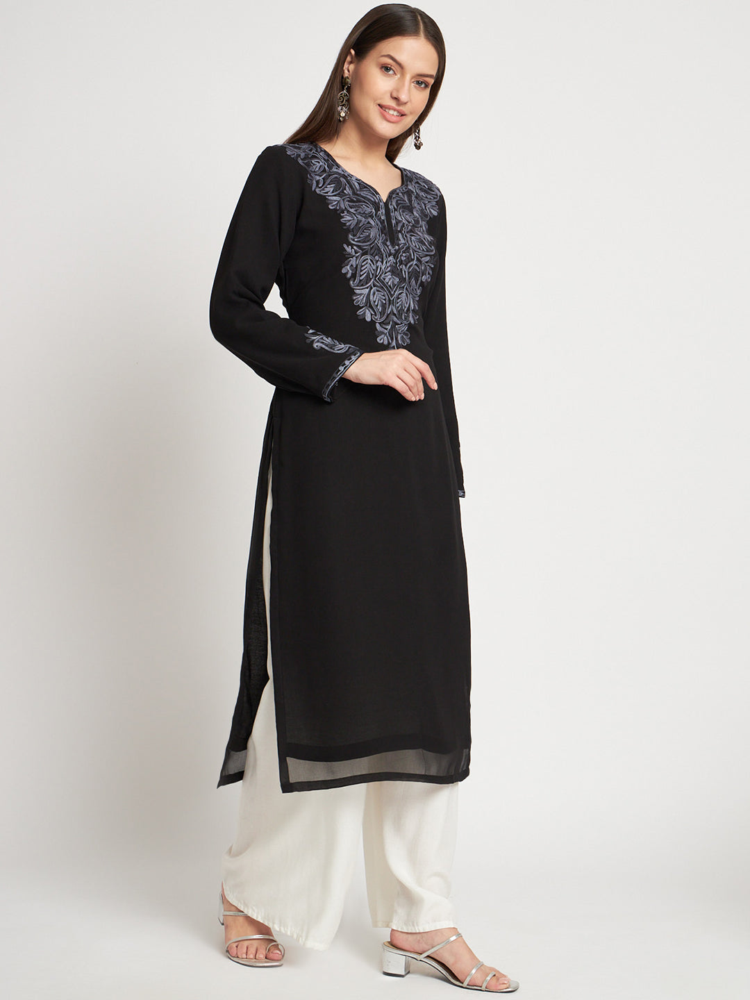 Unstitched Kurta in Faux Georgette with Aari Embroidery (without lining) | Black