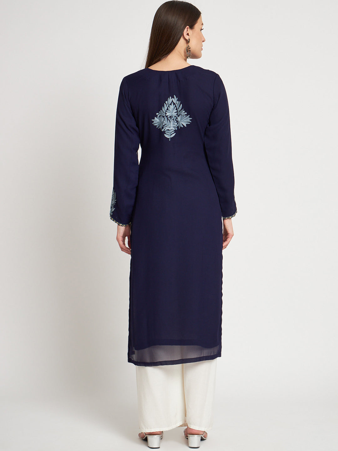 Unstitched Kurta in Faux Georgette with Aari Embroidery (without lining) | Navy Blue