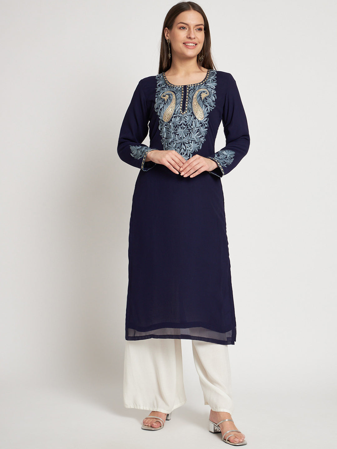 Unstitched Kurta in Faux Georgette with Aari Embroidery (without lining) | Navy Blue