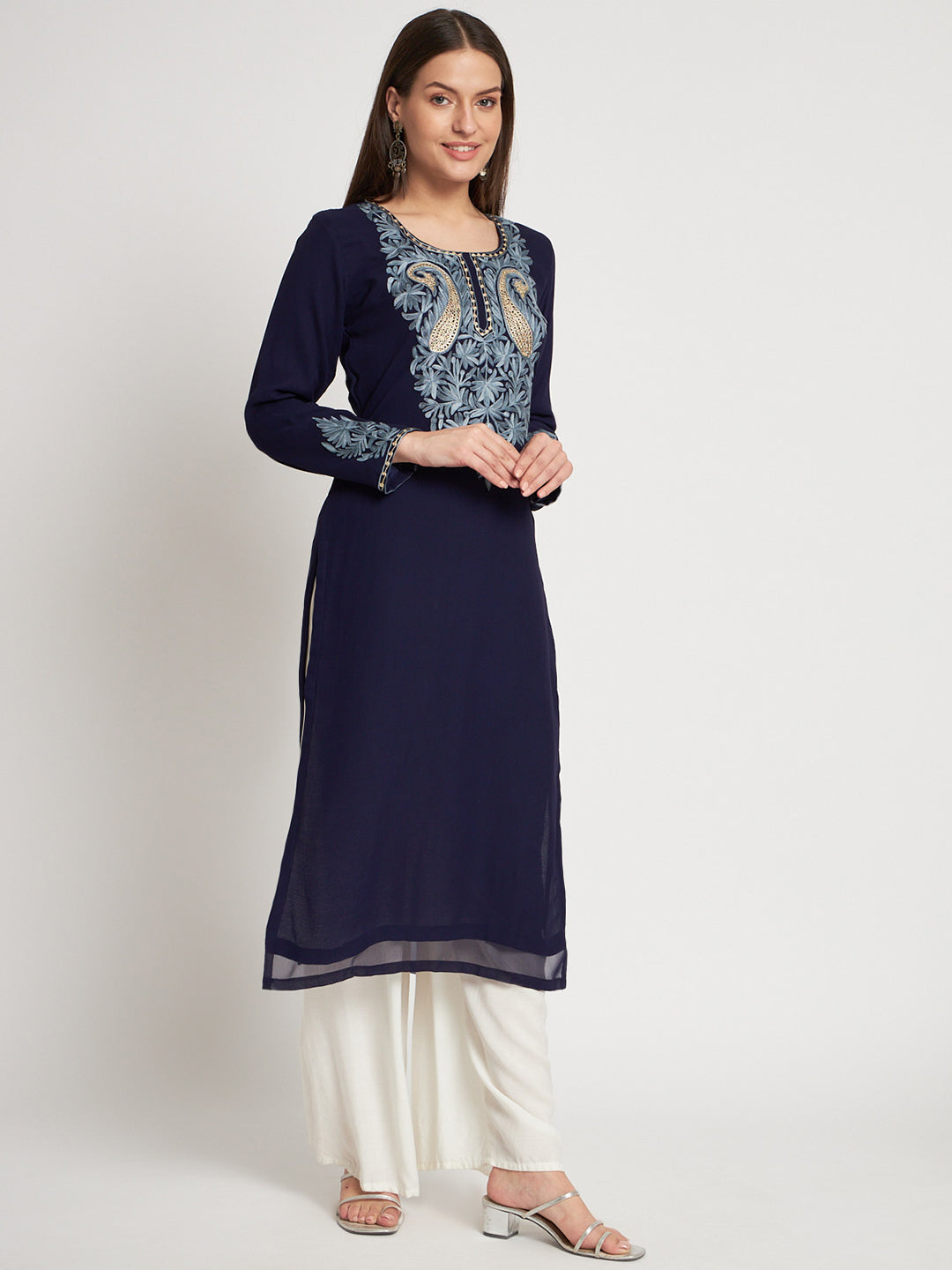 Unstitched Kurta in Faux Georgette with Aari Embroidery (without lining) | Navy Blue