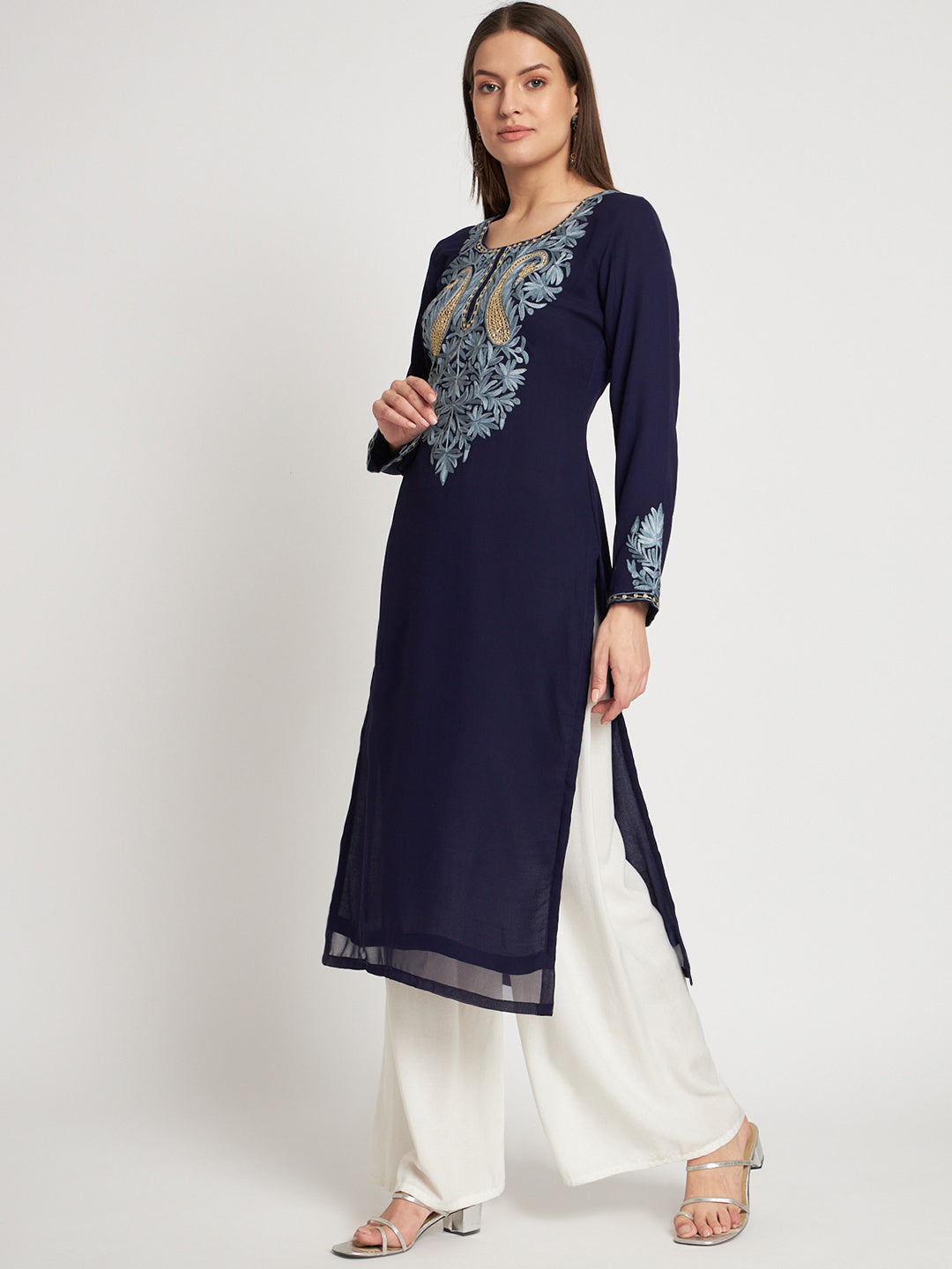 Unstitched Kurta in Faux Georgette with Aari Embroidery (without lining) | Navy Blue