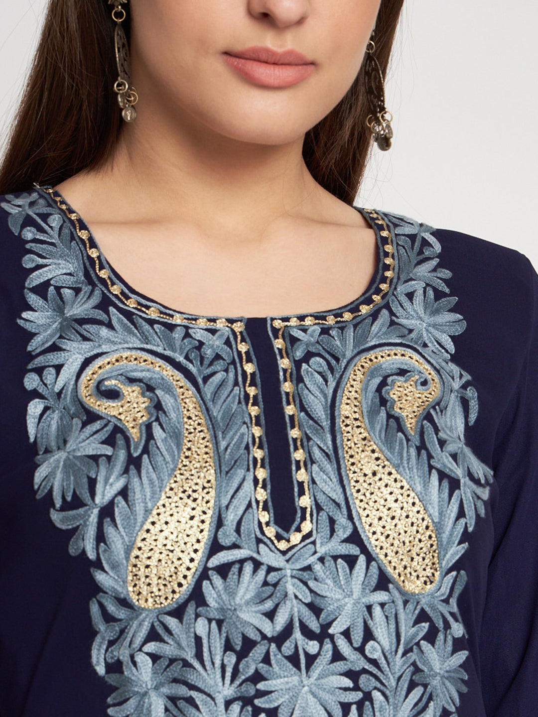 Unstitched Kurta in Faux Georgette with Aari Embroidery (without lining) | Navy Blue