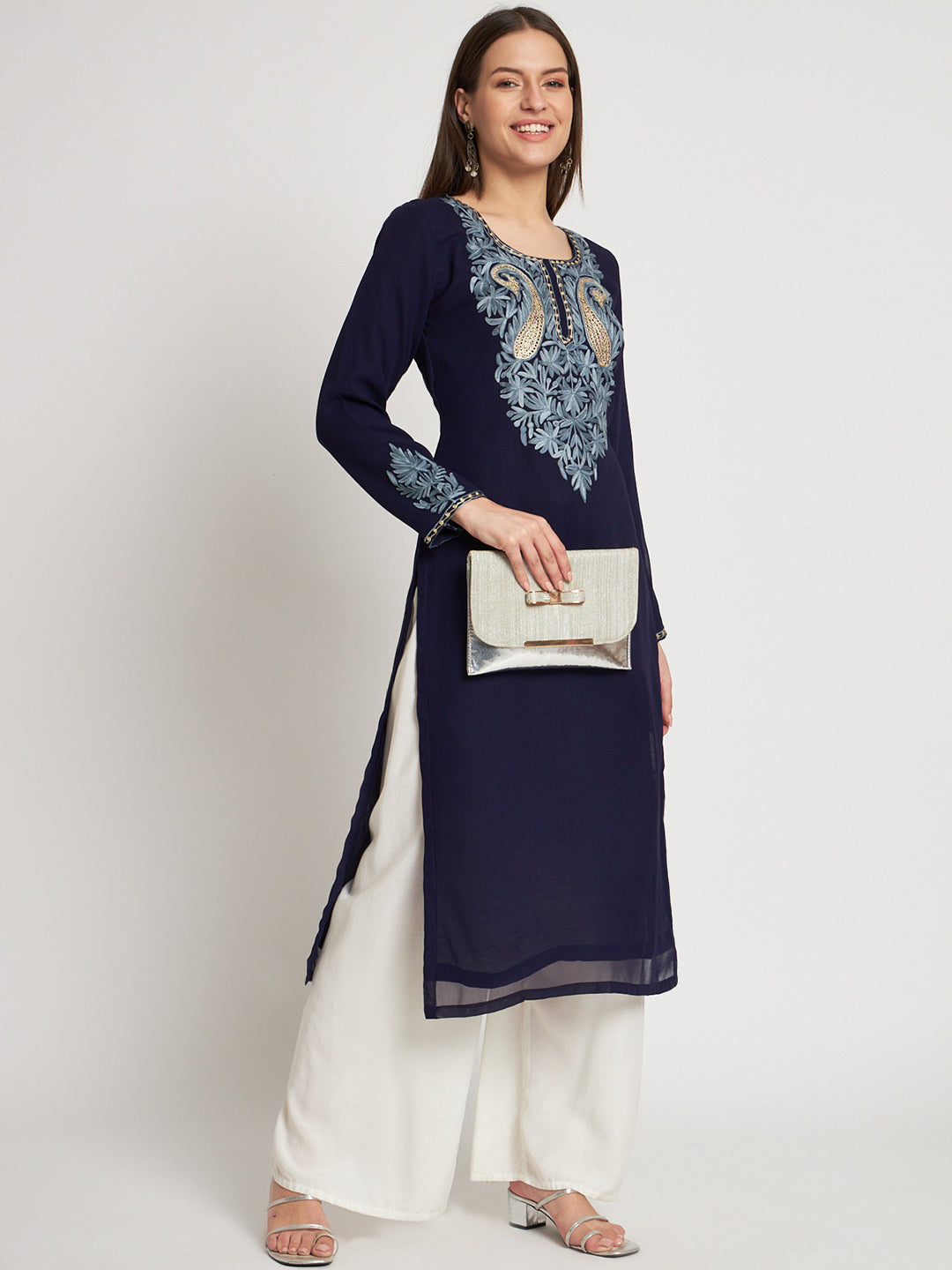 Unstitched Kurta in Faux Georgette with Aari Embroidery (without lining) | Navy Blue