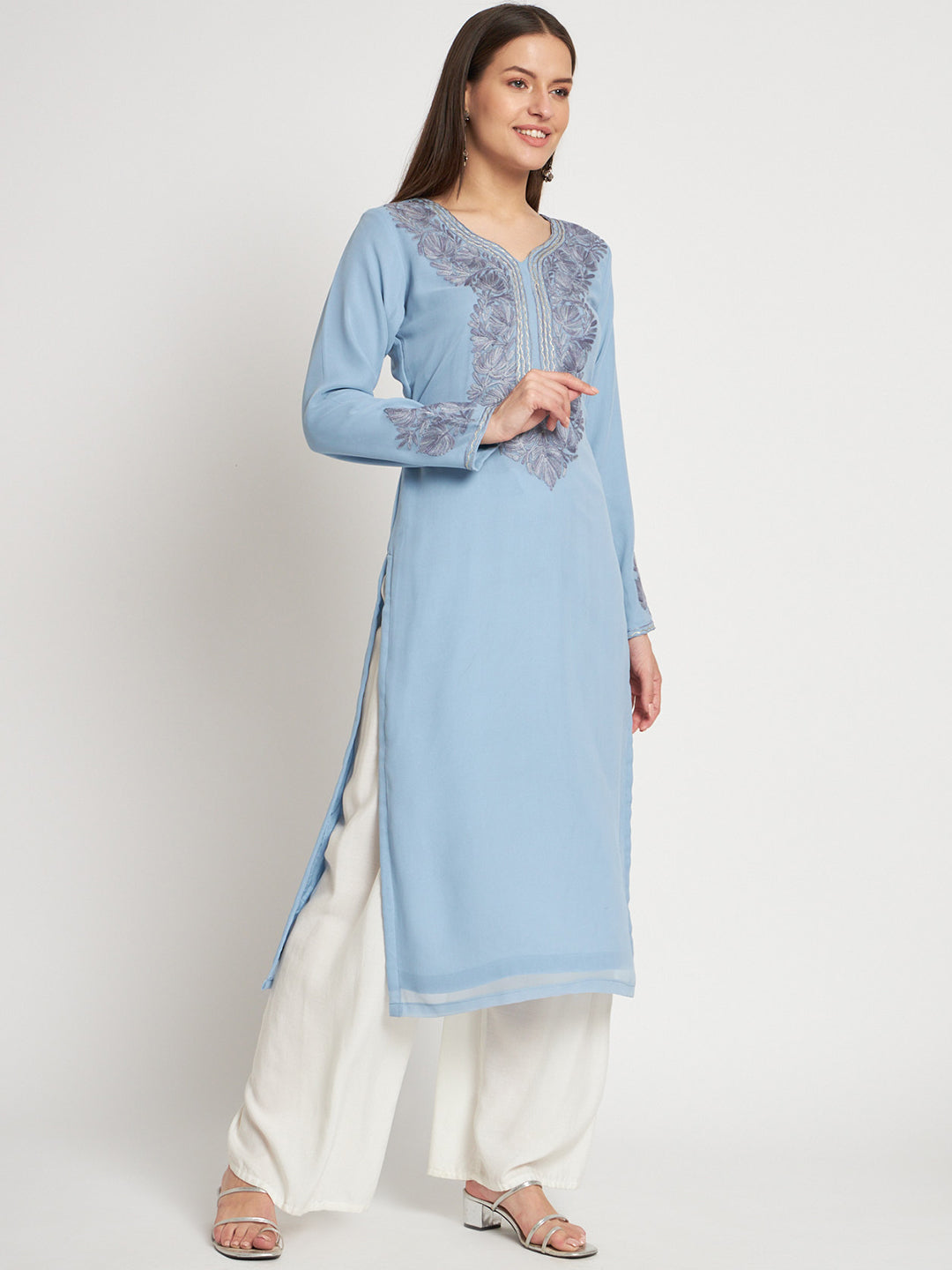 Unstitched Kurta in Faux Georgette with Aari Embroidery (without lining) | Sky Blue