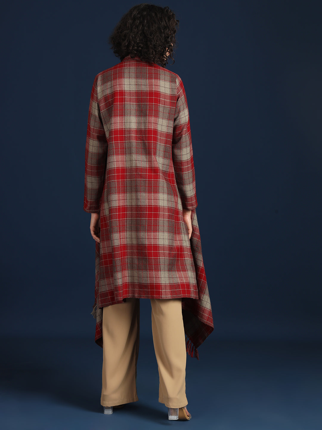 Women's Woven Full Sleeves Cape Shrug in Checked Pattern | Maroon