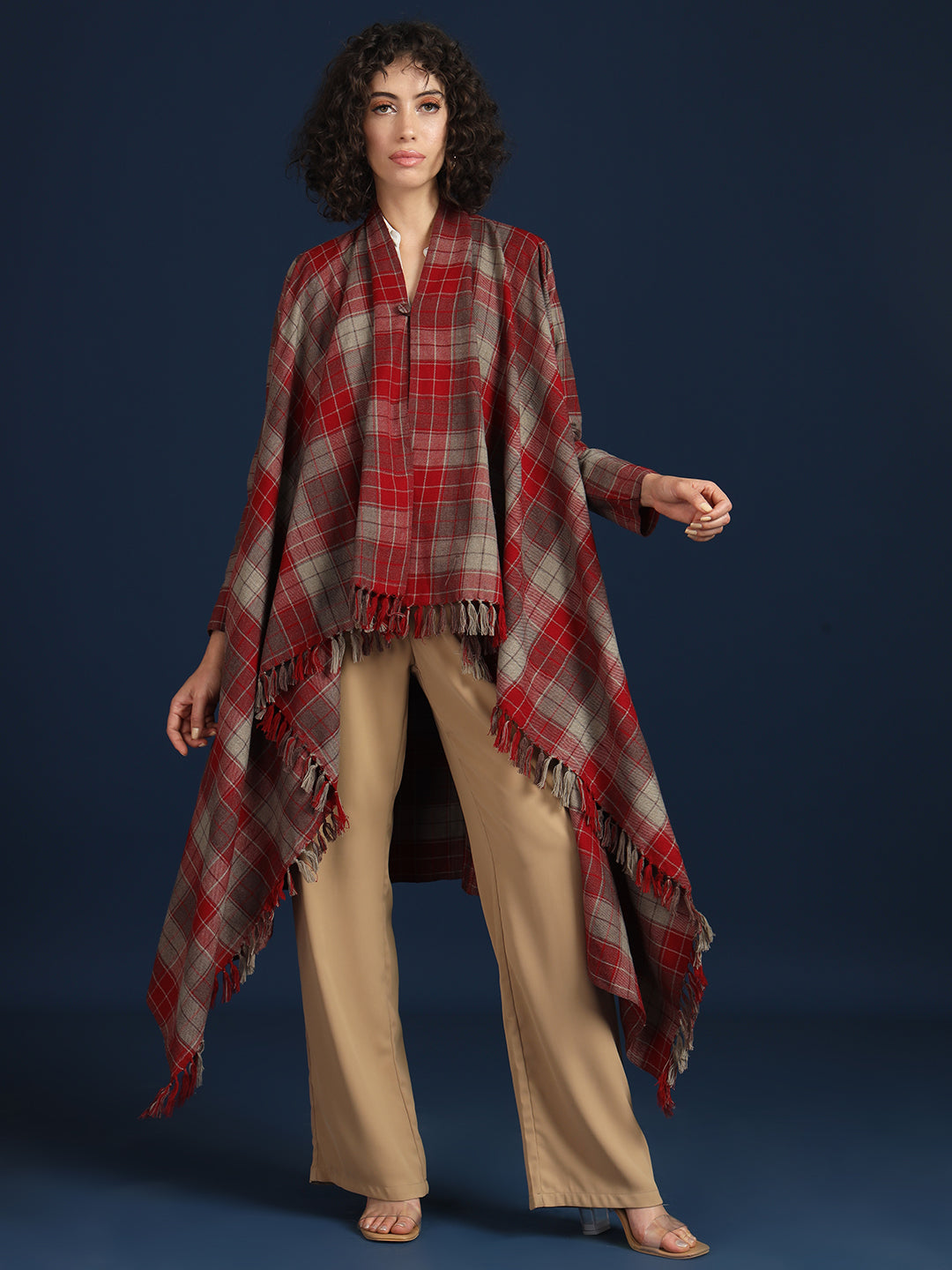 Women's Woven Full Sleeves Cape Shrug in Checked Pattern | Maroon