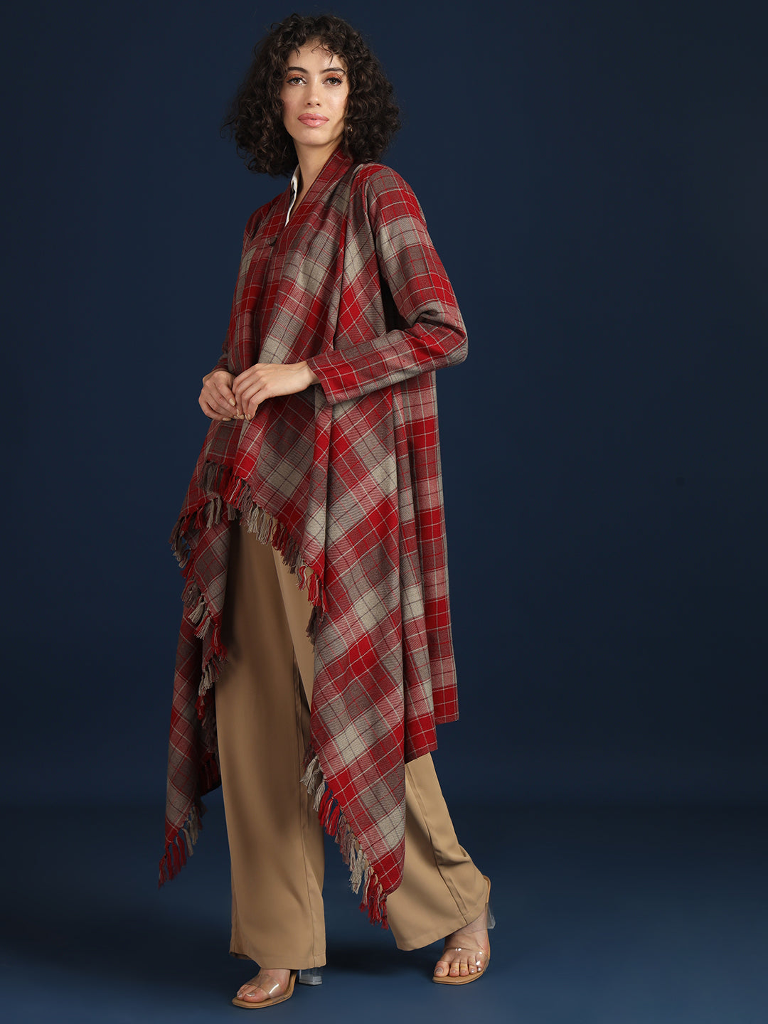 Women's Woven Full Sleeves Cape Shrug in Checked Pattern | Maroon