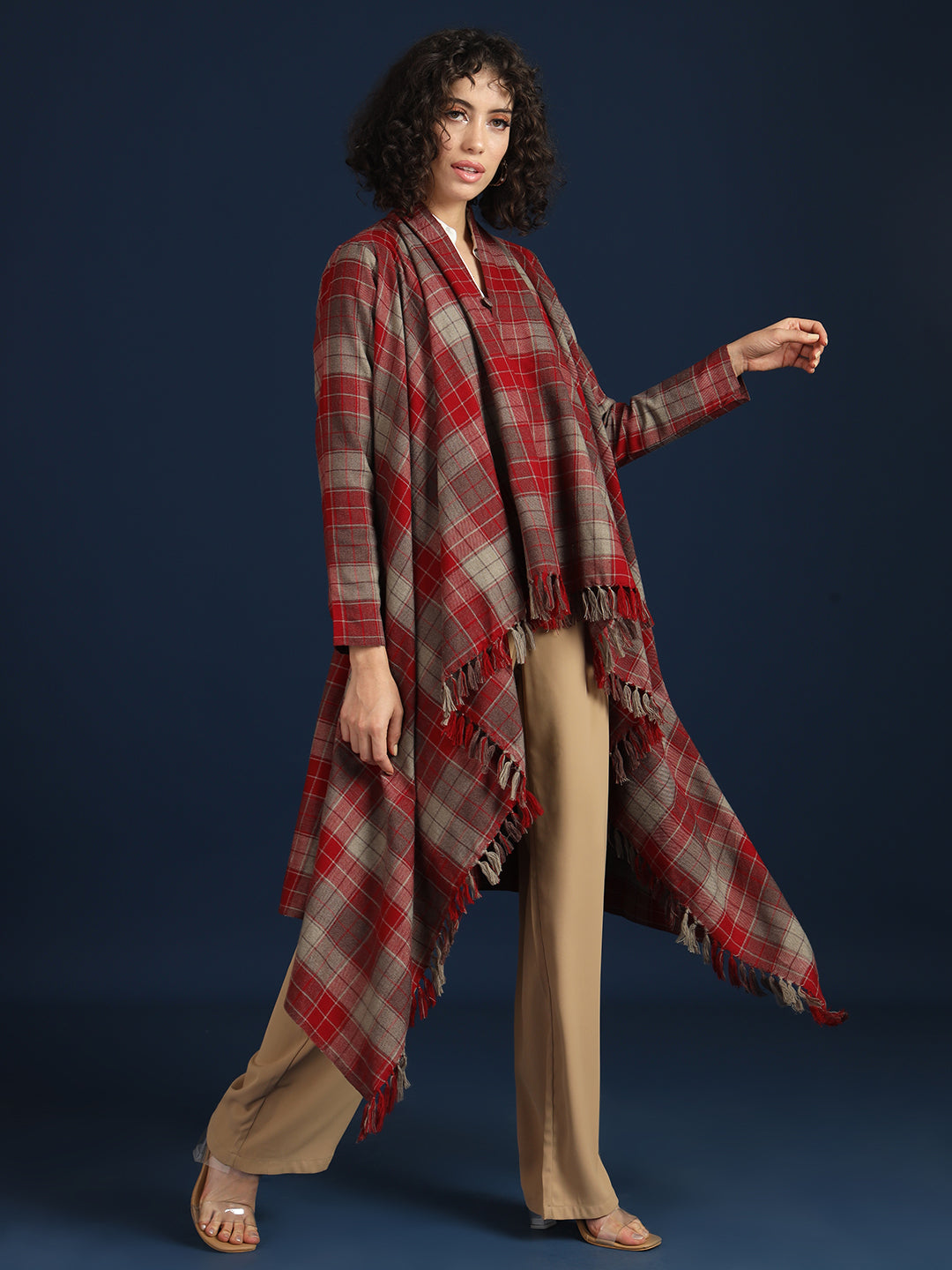 Women's Woven Full Sleeves Cape Shrug in Checked Pattern | Maroon