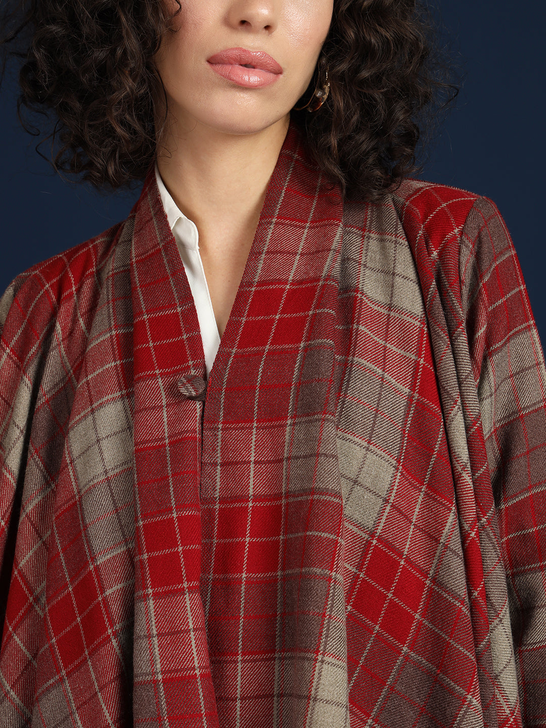 Women's Woven Full Sleeves Cape Shrug in Checked Pattern | Maroon