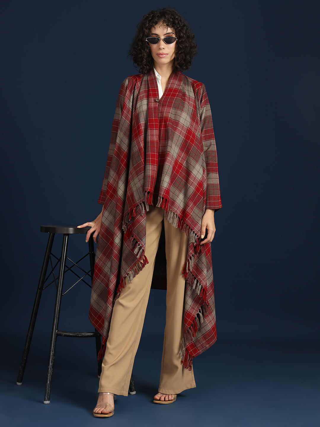 Women's Woven Full Sleeves Cape Shrug in Checked Pattern | Maroon