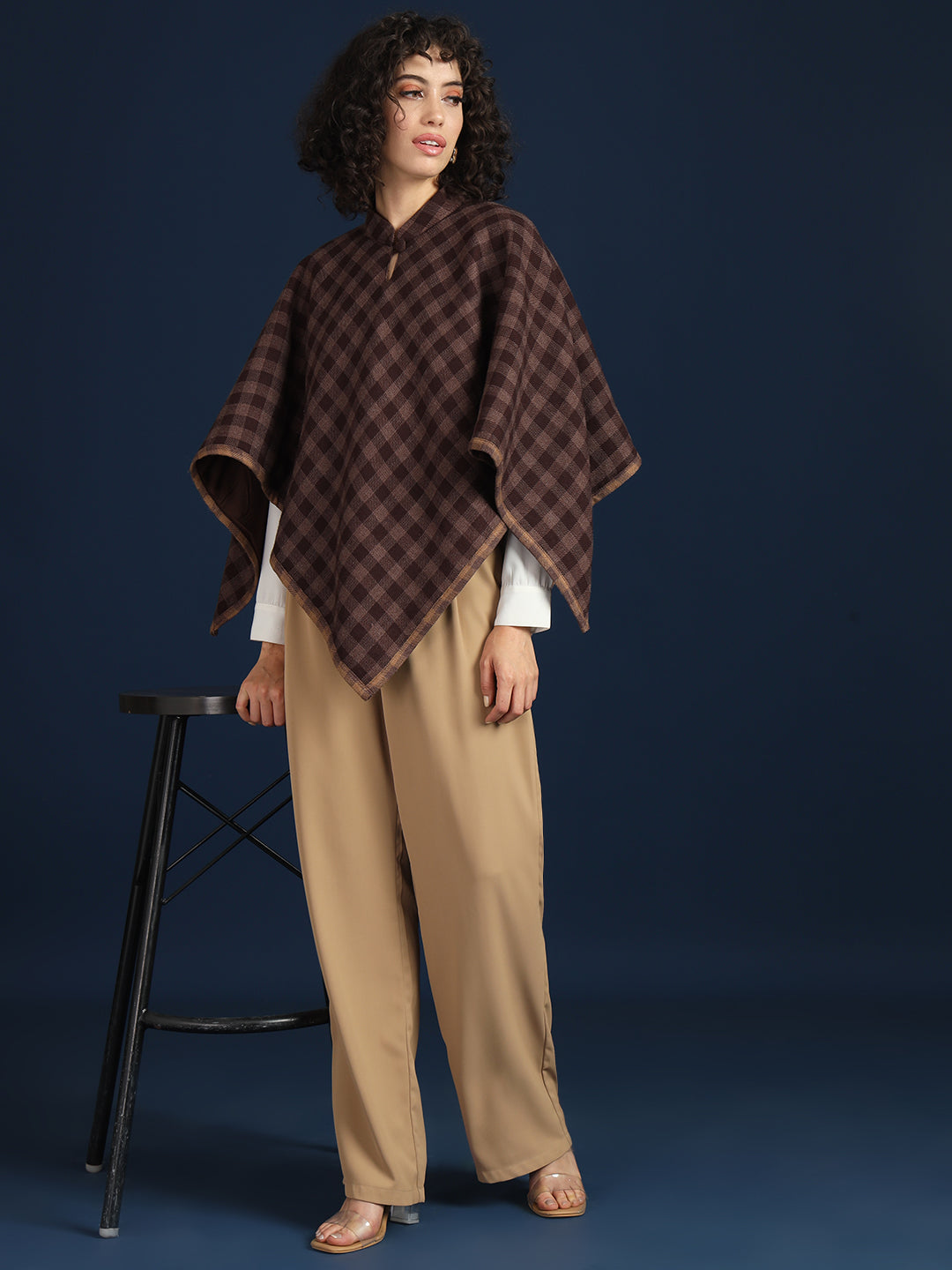 Woven Checked Cashmelon thick Poncho for Women with Mandarin Collar and Lining | Brown
