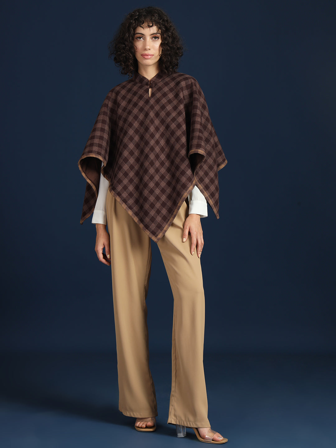 Woven Checked Cashmelon thick Poncho for Women with Mandarin Collar and Lining | Brown