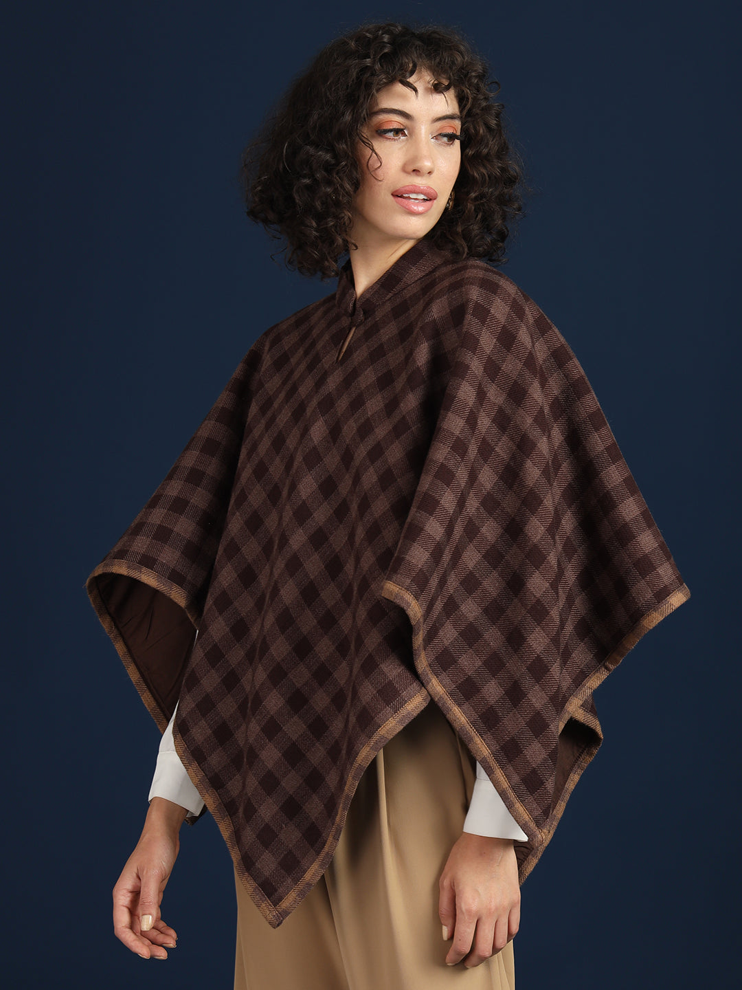 Woven Checked Cashmelon thick Poncho for Women with Mandarin Collar and Lining | Brown