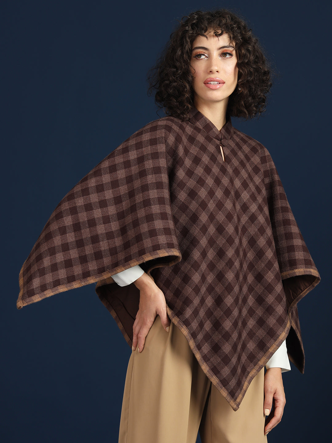 Woven Checked Cashmelon thick Poncho for Women with Mandarin Collar and Lining | Brown