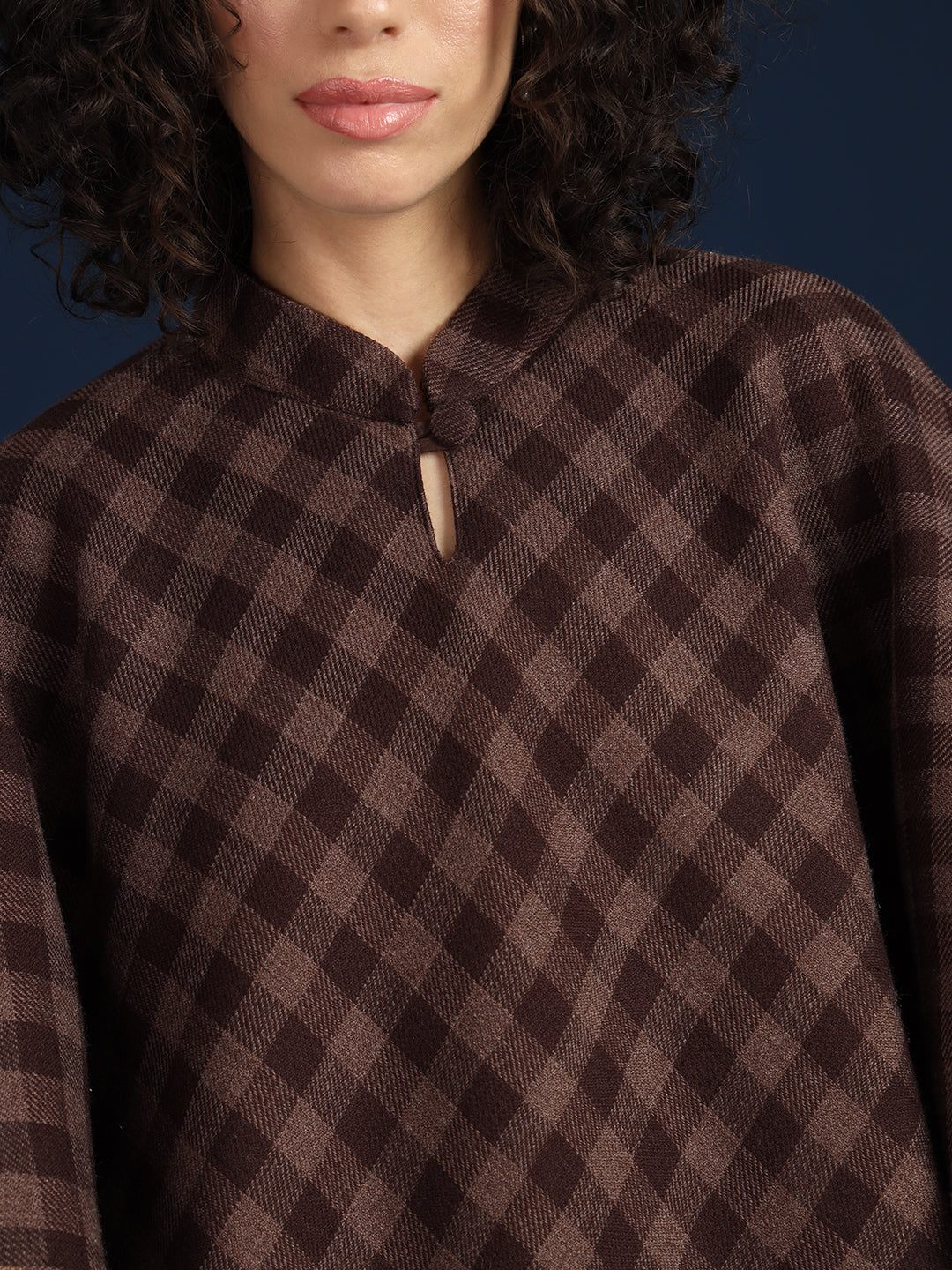 Woven Checked Cashmelon thick Poncho for Women with Mandarin Collar and Lining | Brown