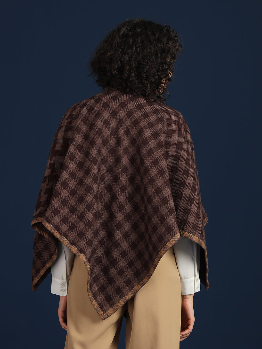 Woven Checked Cashmelon thick Poncho for Women with Mandarin Collar and Lining | Brown