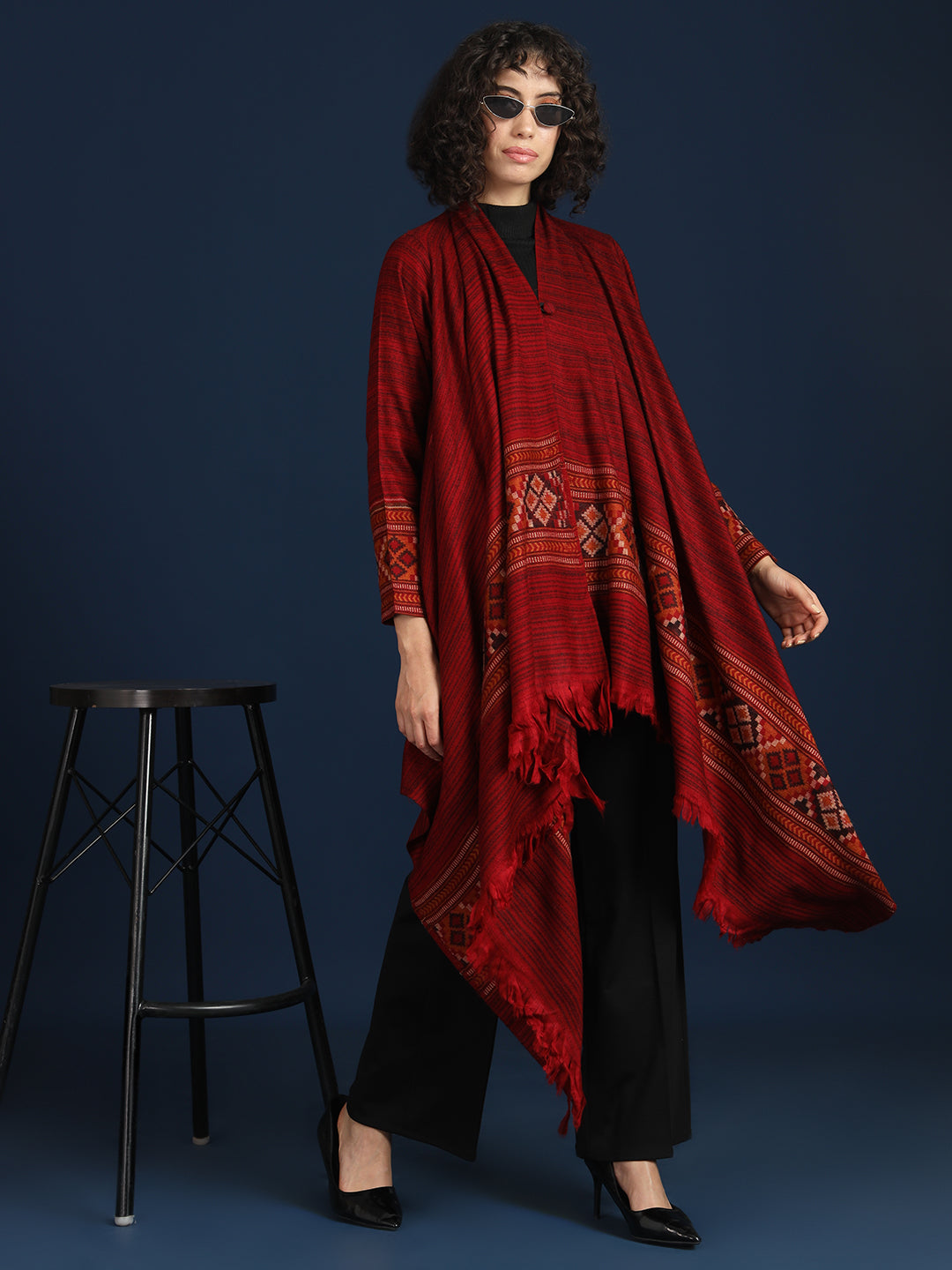Women's Woven Full Sleeves Cape Shrug in Himalayan Stripes | Maroon