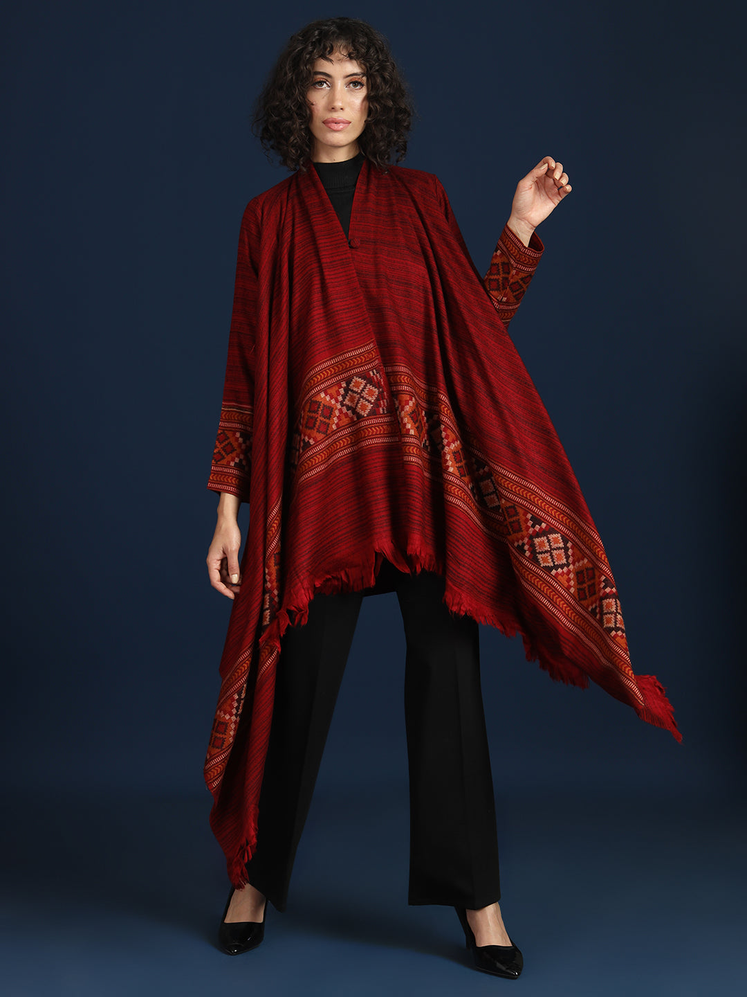 Women's Woven Full Sleeves Cape Shrug in Himalayan Stripes | Maroon