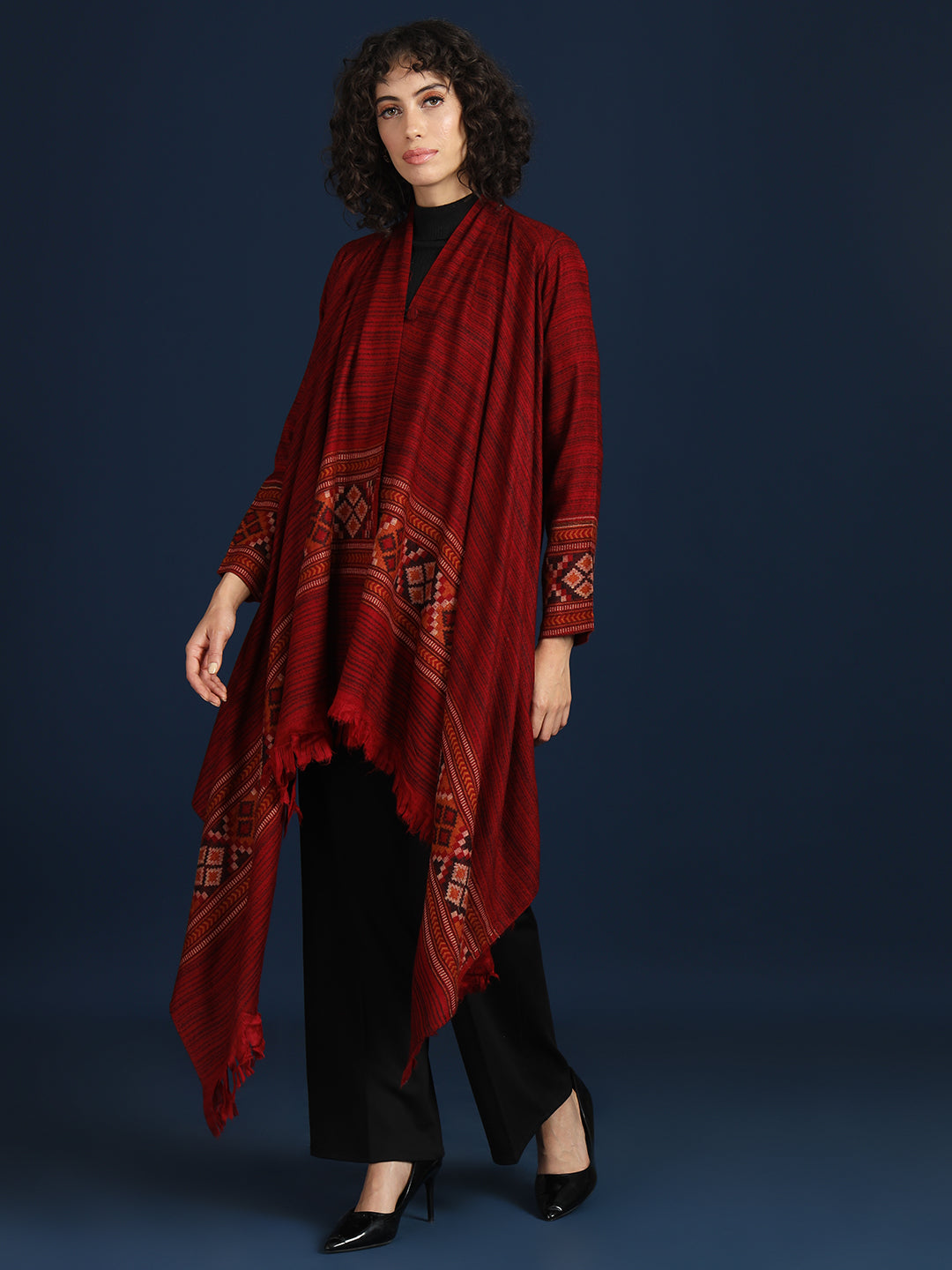 Women's Woven Full Sleeves Cape Shrug in Himalayan Stripes | Maroon