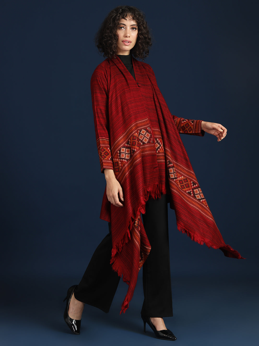 Women's Woven Full Sleeves Cape Shrug in Himalayan Stripes | Maroon