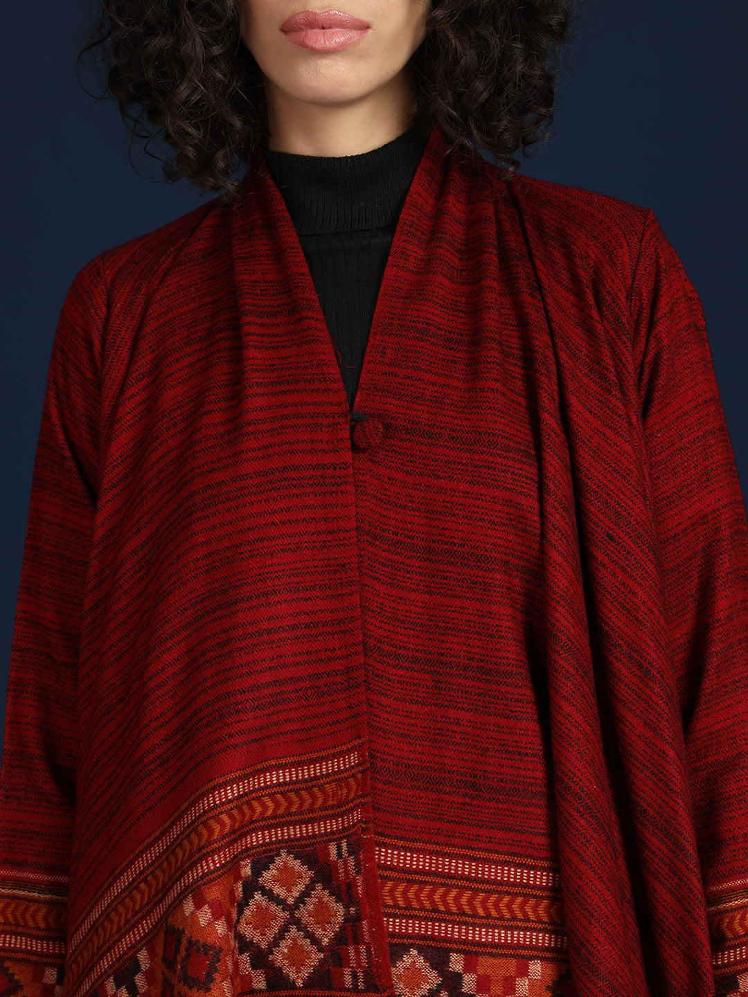 Women's Woven Full Sleeves Cape Shrug in Himalayan Stripes | Maroon