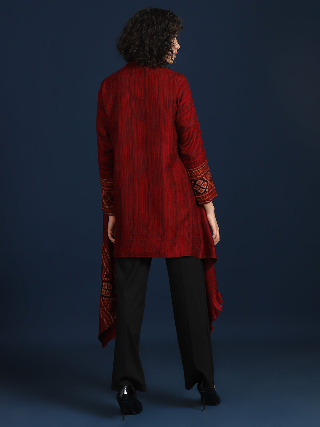 Women's Woven Full Sleeves Cape Shrug in Himalayan Stripes | Maroon