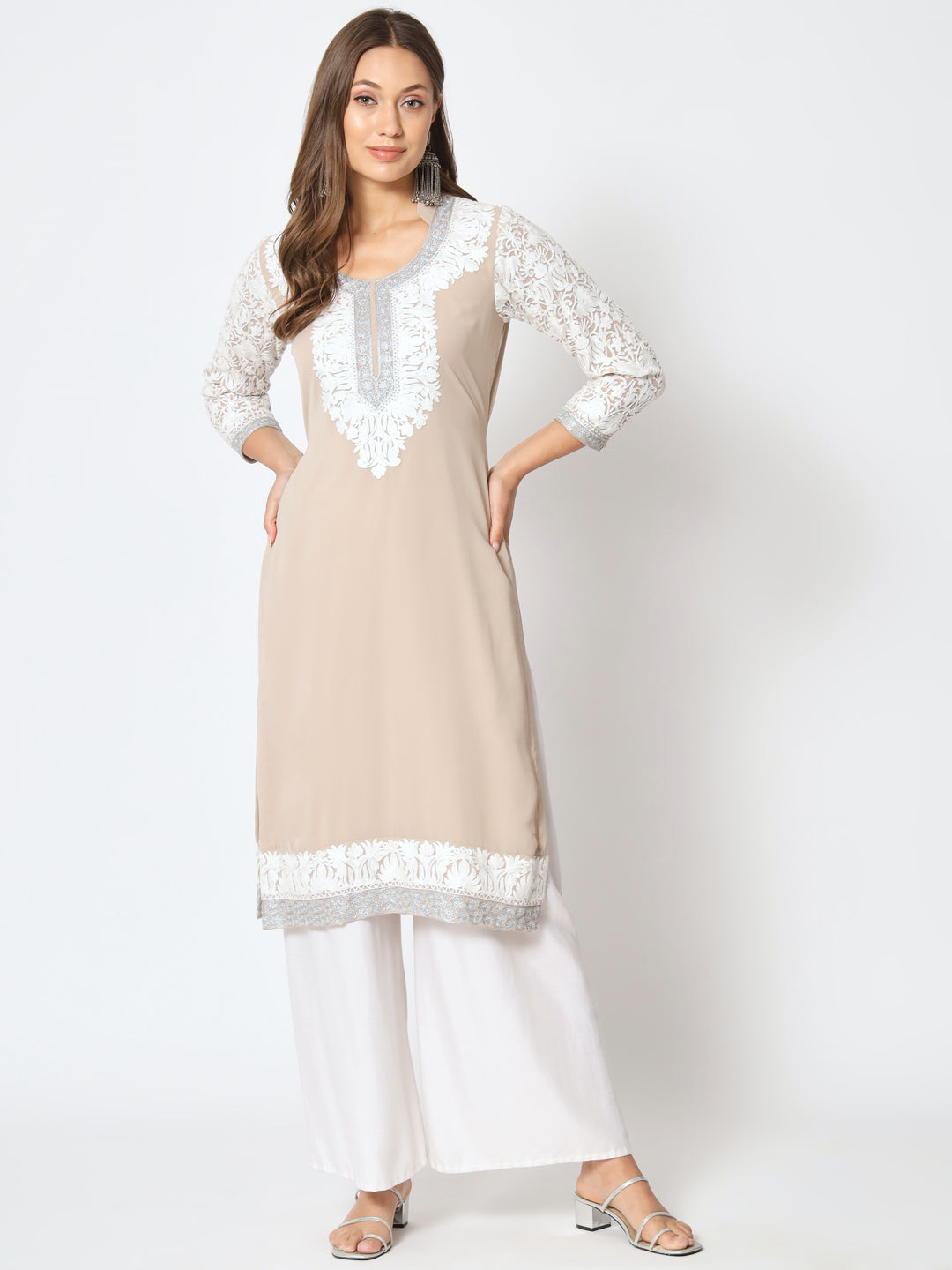Unstitched Kurta in Faux Georgette with Aari Embroidery (without lining) | Ivory
