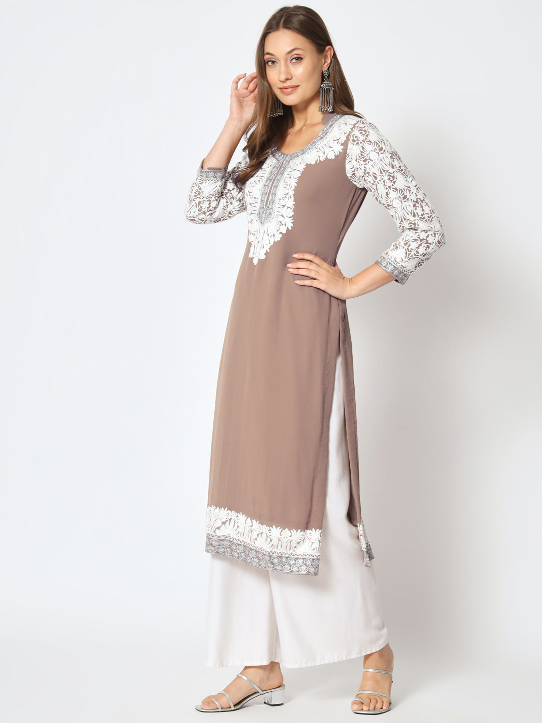 Unstitched Kurta in Faux Georgette with Aari Embroidery (without lining) | Brown