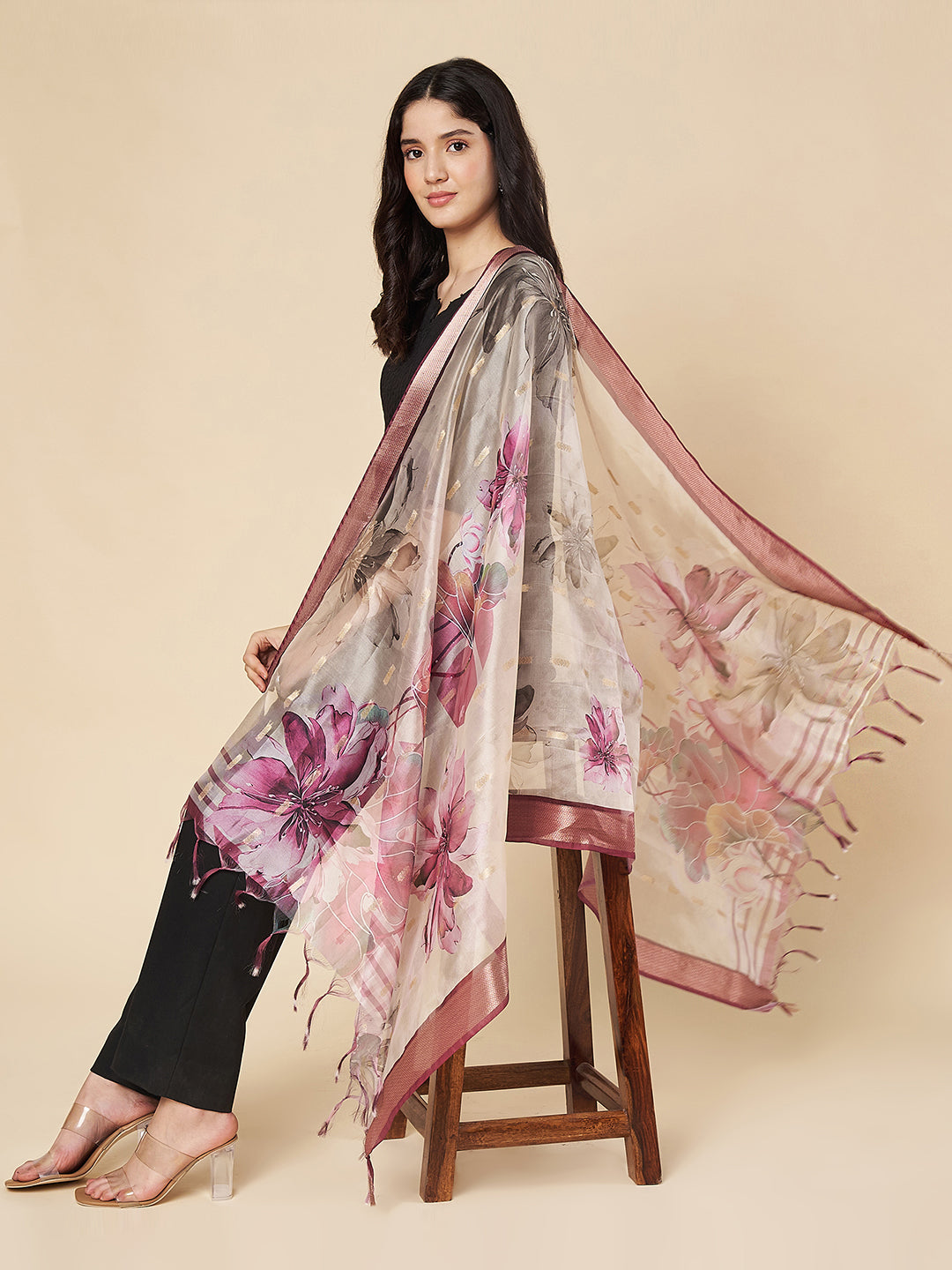 Floral Printed Organza Dupatta for Women | Ivory