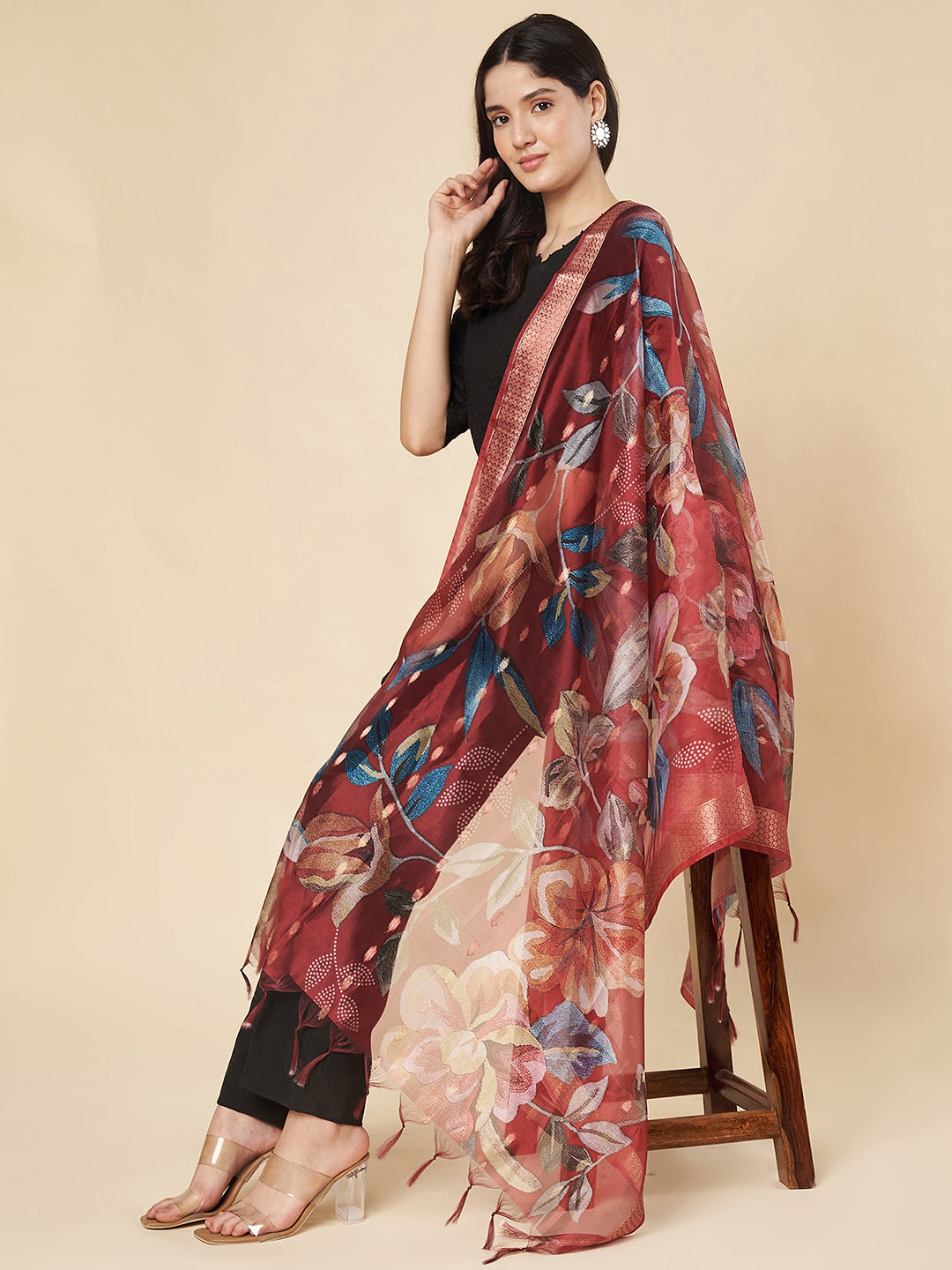 Floral Printed Organza Dupatta for women | Maroon
