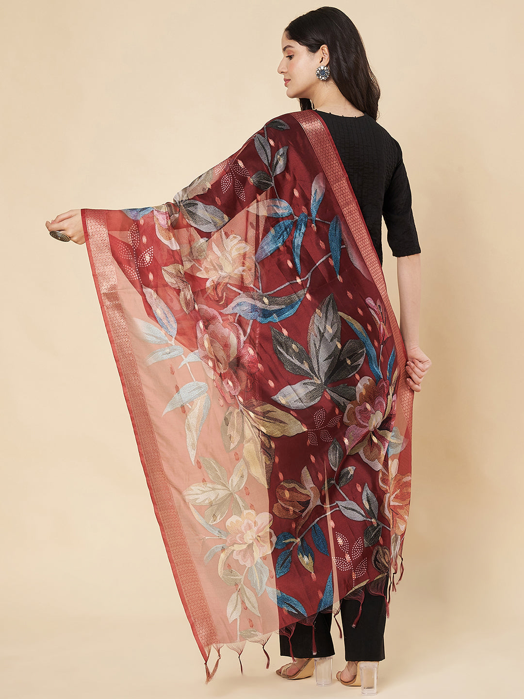 Floral Printed Organza Dupatta for women | Maroon