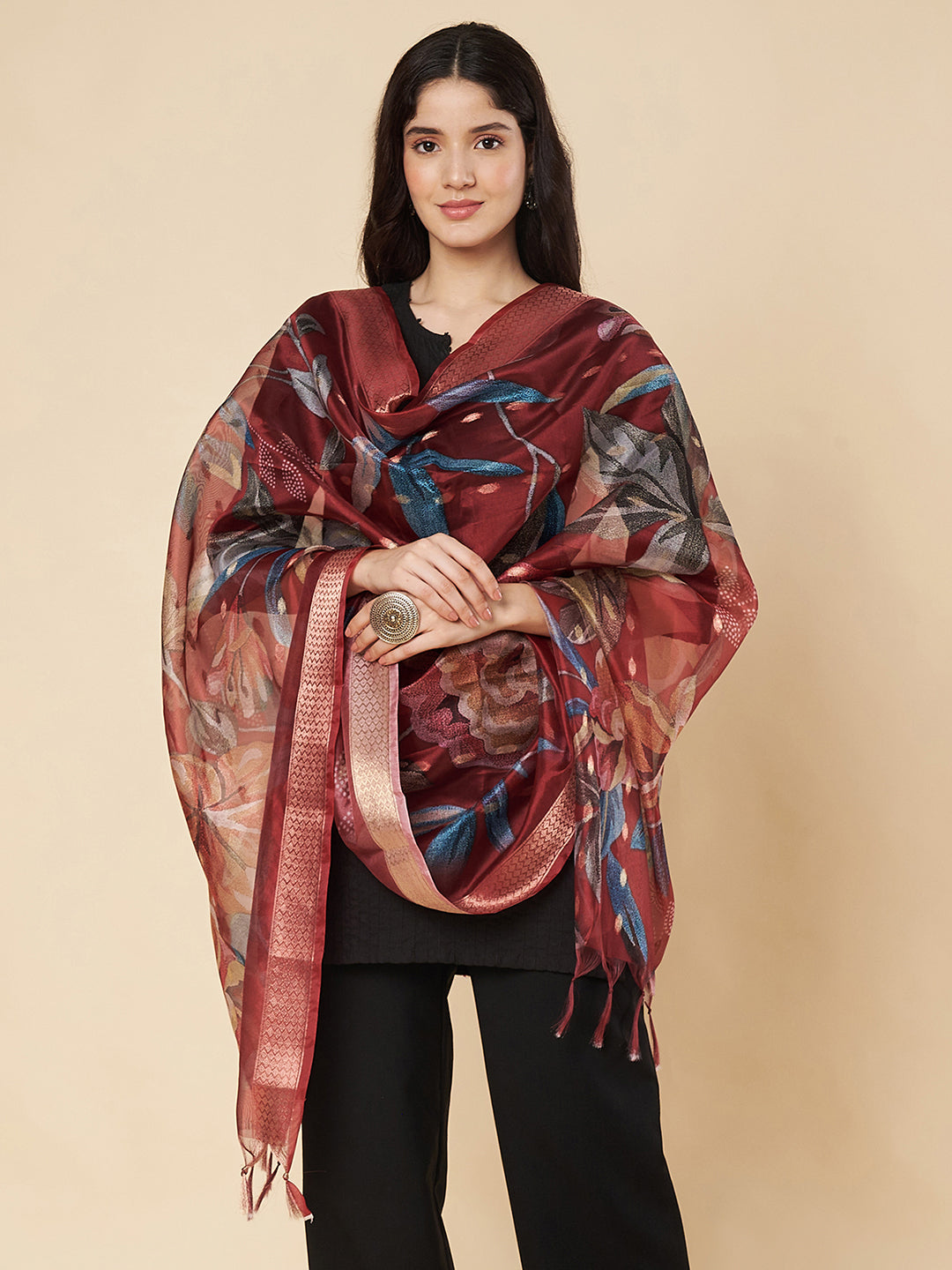 Floral Printed Organza Dupatta for women | Maroon