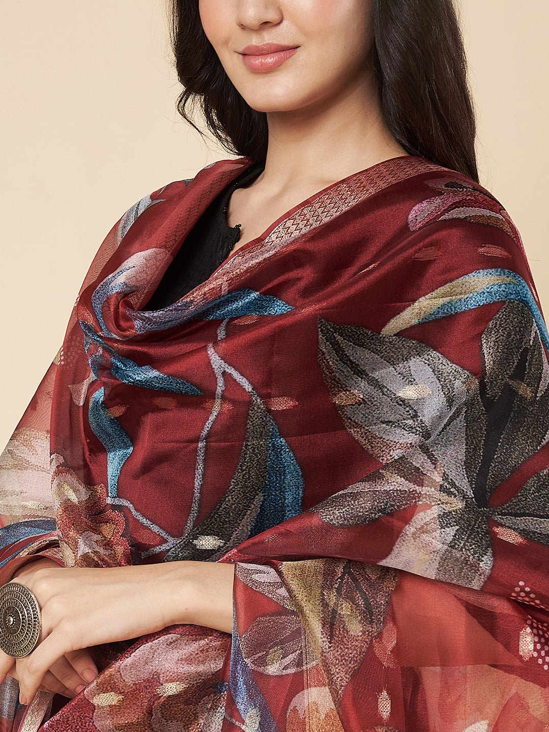 Floral Printed Organza Dupatta for women | Maroon