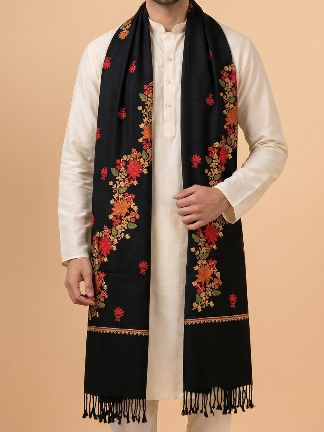 Kashmiri Aari Embroidery Woollen Stole for Men | Black - photo 5