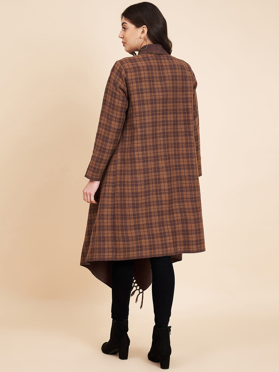 Women's Woven Full Sleeves Cape Shrug in Checked Patterns | Brown